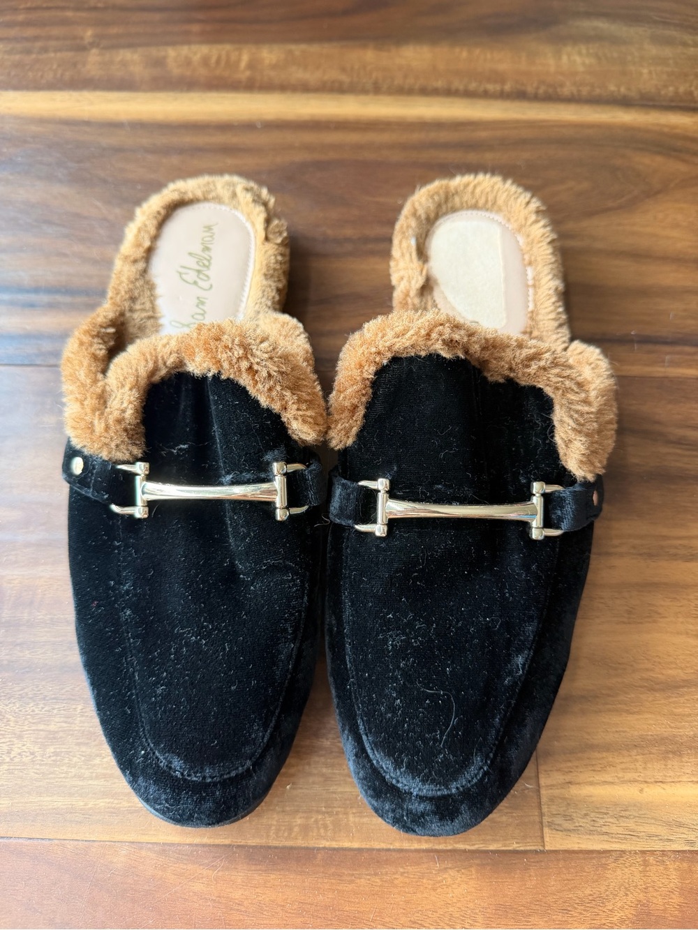 Sam Edelman Black Velvet Mules with Brown Faux-Fur Trim and Gold Bit